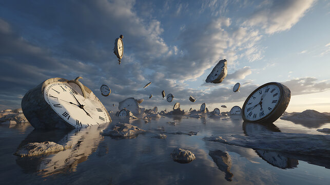 Surreal scene of melting clocks scattered across a reflective landscape