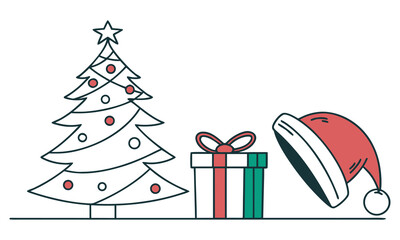 Minimal Christmas Vector with Tree, Gift Box, and Santa Hat