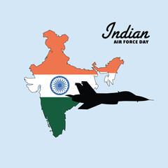 Vector art of indian air force day celebrated with a silhouette of a fighter jet flying over the map of india, symbolizing national pride and defense