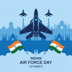 Vector art of indian air force day celebration with fighter jets, indian flags, and iconic indian architecture silhouette in the background