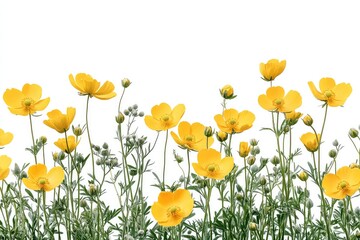 Fototapeta premium Bright yellow buttercup flowers in a meadow, isolated against a transparent background
