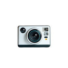 Front view of a vintage-style, white camera with a dark-blue lens.  Simple, clean design