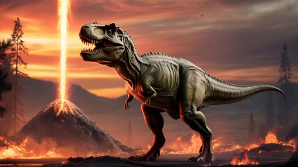 Tyrannosaurus rex roars as volcano erupts in prehistoric landscape at sunset