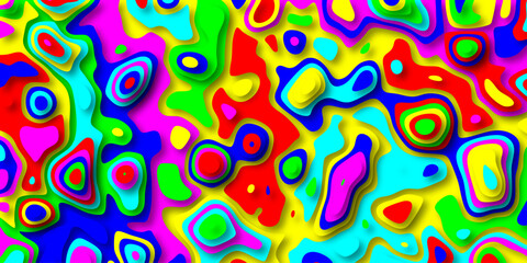 Vibrant abstract topographic map with layered shapes in bright red, blue, yellow, green, and pink, creating a dynamic and colorful background for design