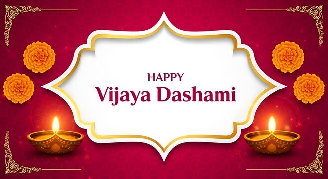 Celebrate happy vijaya dashami with diya lamps and marigold flowers