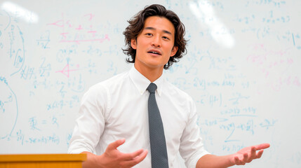 Confident young asian male teacher explaining math formulas in classroom with whiteboard covered in handwritten equations