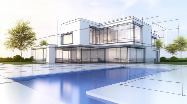 Modern house design sketch with swimming pool