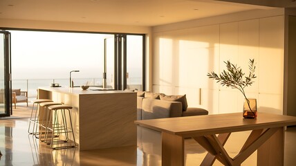 Fototapeta premium Modern Kitchen and Living Area with Ocean View