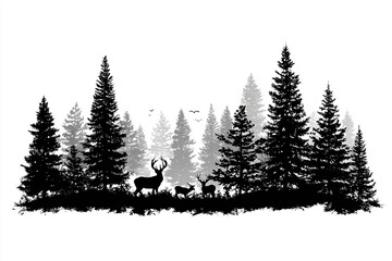 Majestic deer silhouettes in a black and white pine forest scene with birds flying overhead