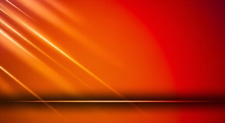 Warm orange and red gradient background with diagonal light beams and reflective surface