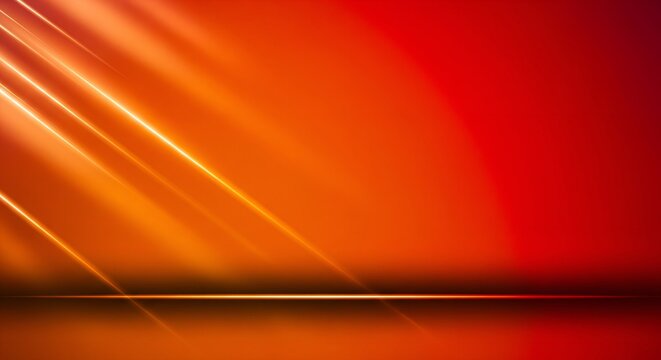 Warm orange and red gradient background with diagonal light beams and reflective surface