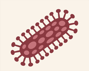 Cartoon red virus illustration, flat style microbe, bacterial infection icon, science concept, medical germ, biology pathogen art