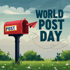 Vector art of world post day depicted with a traditional red mailbox in a grassy field, a paper airplane flying out, symbolizing mail delivery