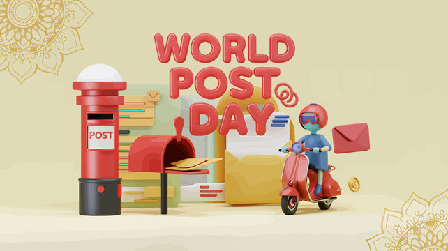 Vector art of world post day theme with a stylized post box, a person on a scooter delivering mail, and envelopes, symbolizing postal services