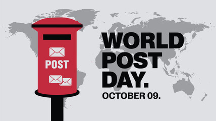 Vector art of world post day on october 9th features a red post box and a world map, highlighting international postal services and global connectivity for sending letters and packages