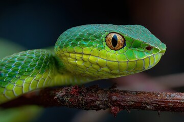 Fototapeta premium Green pit viper close up in Southeast Asia at night, snake resting on a small branch, detail of the head and scales