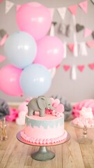Pink and blue birthday cake with balloons