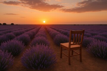 Fototapeta premium Lavender Field with Empty Wooden Chair Facing Horizon — Contemplative Sunset Photography