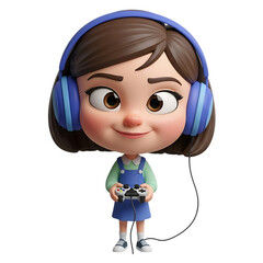 Cute 3D cartoon girl character with blue headphones happily playing video games with a controller, isolated on a white background