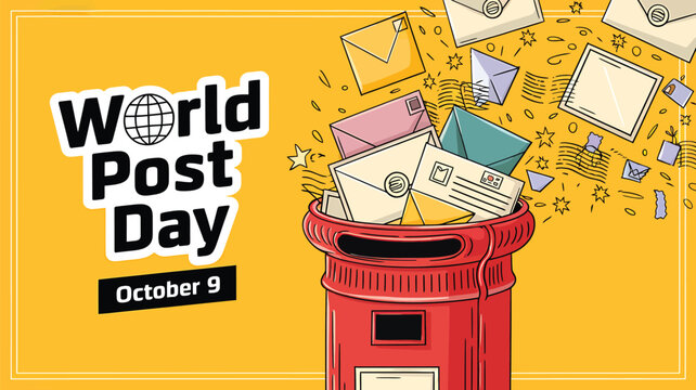 Vector art of world post day october 9 celebration with a red mailbox and flying envelopes against a yellow background and world map