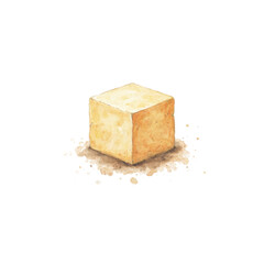 Hand-painted tofu cube on black background realistic illustration, cut out