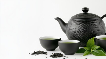 Black teapot and cups with green tea