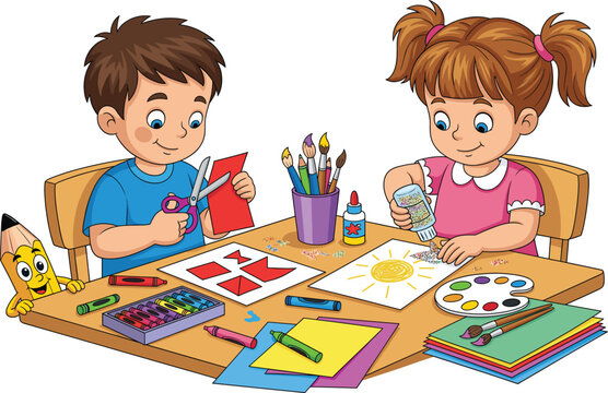 Two kids doing arts and crafts together, boy cutting paper, girl adding glitter, creative children at table, colorful crayons, paintbrushes, and glue, fun educational activity