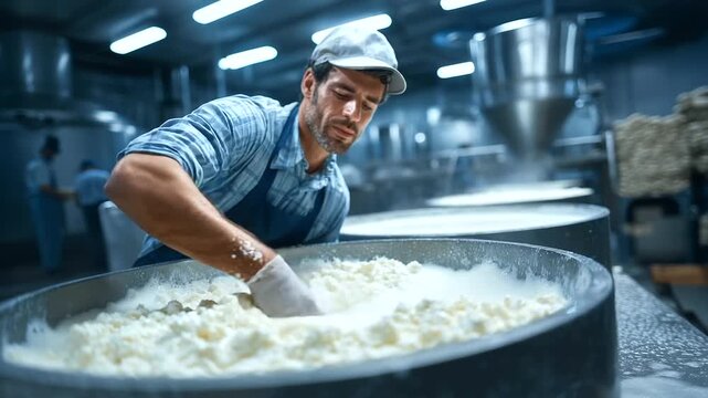 Cheese worker handling milk vat in dairy operation, preparing milk for pasteurization and curd formation
