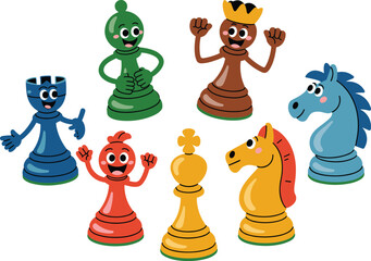 Cartoon chess pieces illustration, colorful game strategy characters, kids educational design, funny animated pawns, knights, king, queen