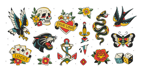 Old school temporary Tattoo art Collection for Rock stickers and apparel print dsgn (part 2). Colorful Tattoo Rock symbols and old school set of Eagle, Panther head, butterfly, playing cards, skull	
