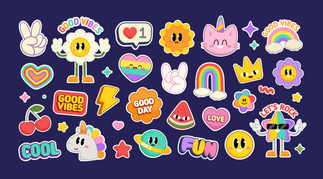 80s-90s Groovy style funny icons and rainbow stickers. Cute Y2k stickers set of cartoon signs and Kawaii emoticons for pins and patch design. Cool Pony Unicorn and funny Cat Unicorn 