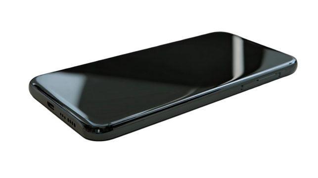 Sleek black smartphone angled, glossy surface