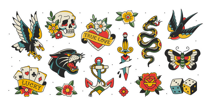 Old school temporary Tattoo art Collection for Rock stickers and apparel print dsgn (part 2). Colorful Tattoo Rock symbols and old school set of Eagle, Panther head, butterfly, playing cards, skull	
