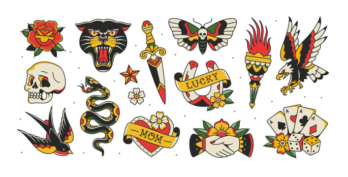 Old school temporary Tattoo art Collection for Rock stickers and apparel print dsgn (part 1). Colorful Tattoo Rock symbols and old school set of Eagle, Panther head, butterfly, playing cards, skull	

