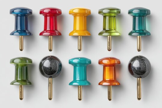 Group of decorative push pins with clear bodies and golden accents on a white surface, showcasing craftsmanship and design - Powered by Adobe