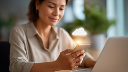 A businesswoman uses a smartphone for cloud database backup icons of secure storage glowing her desk with a laptop and a small plant preventing cybercrime cloud technology