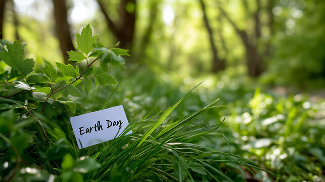 A lush forest background with dense green foliage and tree branches sunlight filtering through leaves a small sign reading “Earth Day” nestled in the grass ecosystem