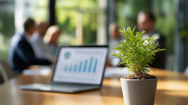 Business professionals nurture a small plant at a meeting symbolizing sustainable growth ESG charts and laptops on the table sunlight through glass walls sustainability