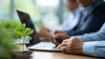 Business leaders analyze ESG reports discussing carbon footprint reduction laptops open to green logistics data a small tree sapling on the table ESG strategy net zero goals