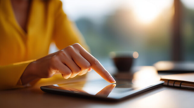 A businesswoman points to a virtual SEO icon on a tablet analyzing website traffic data her desk with a planner and a coffee cup sunlight streaming in SEO optimization digital