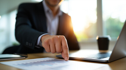 Fototapeta premium A businessman points to a KPI icon on a laptop surrounded by performance graphs his desk with a notepad and a coffee cup sunlight streaming in KPI evaluation business