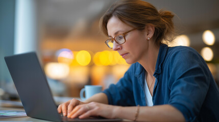 A woman types on a laptop with AI assistant software a chat window suggesting marketing ideas her desk with a vision board and a coffee mug AI business tools content creation