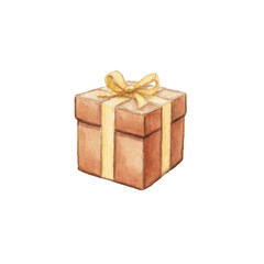 Obraz premium Watercolor gift box with yellow ribbon and bow, cut out