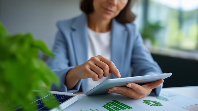 A businesswoman points to a net zero icon on a tablet discussing CO2 reduction with colleagues renewable energy charts and a solar panel model on the table net zero strategy - Powered by Adobe