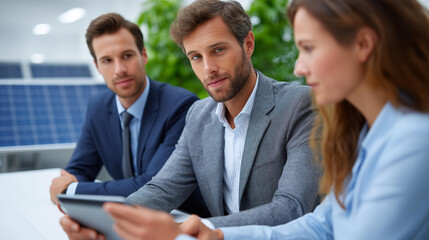 Professionals in a meeting room examine ESG sustainability data on a tablet renewable energy models like solar panels on display their faces focused a whiteboard with green