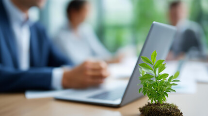 Business leaders analyze ESG reports discussing net zero carbon goals laptops open to green logistics data a small tree sapling on the table ESG strategy net zero goals green