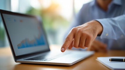 A businessman points to a KPI icon on his laptop screen surrounded by graphs of business metrics his office desk with a notepad and pen morning light streaming in KPI