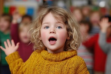 Happy toddler singing with kindergarten class and senior teacher during music lesson at daytime