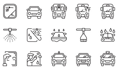 Vehicle service and travel symbols: bus, car, wash, safety, and maintenance icons in minimalist line art style