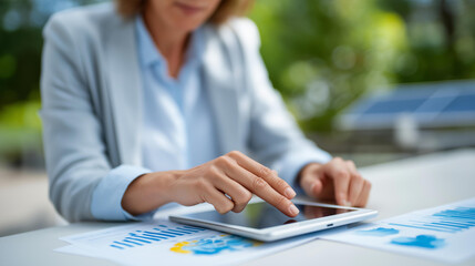 A businesswoman points to a net zero icon on a tablet discussing CO2 reduction with colleagues renewable energy charts and a solar panel model on the table net zero strategy